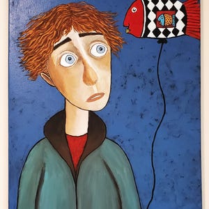 A.Z. Davis 20X16" Original Acrylic Painting Portrait Figurative People Men Pop Abstract Outsider Brut Expressionist Modern Wall Decor Art