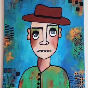 A.Z. Davis 20X16" Original Acrylic Painting Portrait Figurative People Men Pop Abstract Outsider Brut Expressionist Modern Wall Decor Art