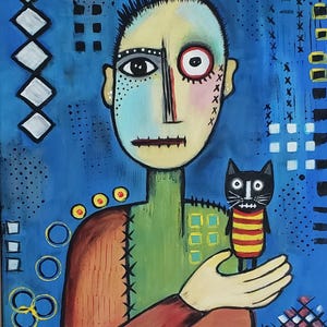 A.Z. Davis 20&quot; x 16&quot; Original Acrylic Painting Abstract Man Cat Modern Expressionist Pop Art Street Outsider Brut FolkArt Blue Orange