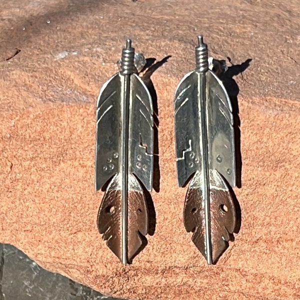 Tsosie and Mary Taylor ~ Vintage Navajo Sterling and Copper Leaf Post Earrings