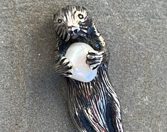 Vintage Sterling Silver Otter Holding a Natural Pearl Pendant / Pin / Brooch