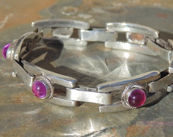 Mexico Silver ~ Vintage Bar Link Bracelet with Lavender Glass Cabs c. 1940's