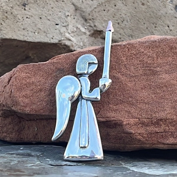 Los Castillo ~ Vintage Taxco Sterling Silver Guardian Angel Carrying a Candle  Pin / Brooch c. 1950's