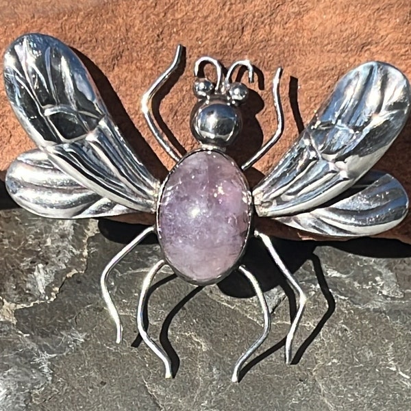 Vintage Mexico Silver and Purple Amethyst Stone Large Bug / Insect Pin / Brooch c. 1940's