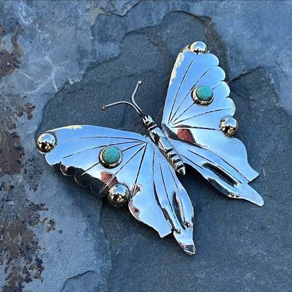 Vintage Mexico Sterling Silver Butterfly Pin / Brooch with Green Cabs on Wings c. 1940's