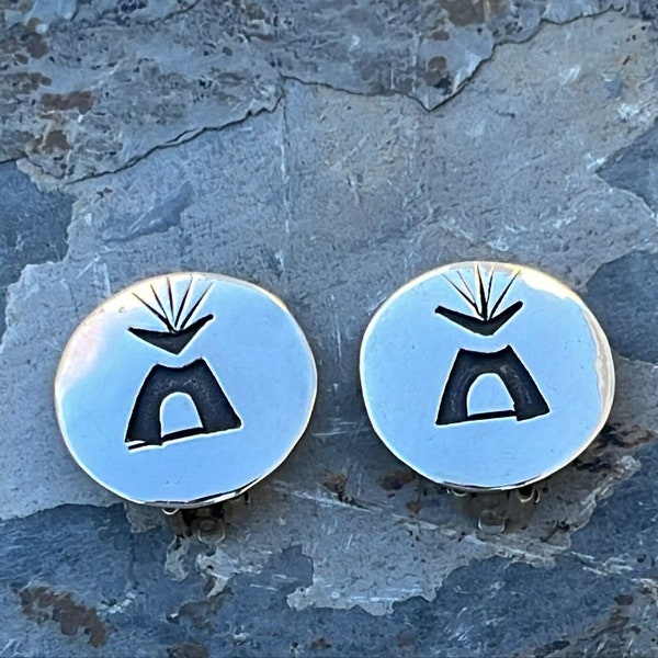 Tommy Singer ~ Vintage Navajo Sterling Silver Round Teepee Overlay Clip On Earrings