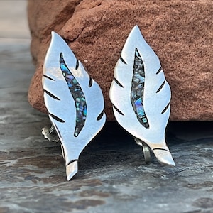 Vintage Mexico Sterling Silver and Abalone Leaf Screw Back Earrings