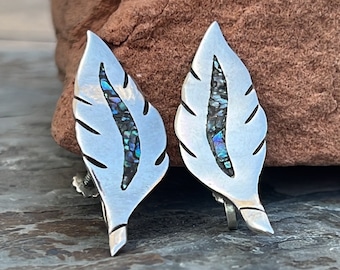 Vintage Mexico Sterling Silver and Abalone Leaf Screw Back Earrings