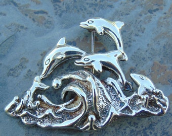 D'Molina ~ Vintage Mexican Sterling Silver Pod of Dolphins Playing in the Surf Pin / Brooch