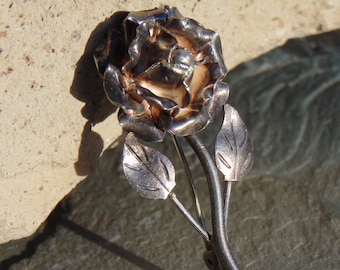 Mexican Sterling Silver Rose Pin / Brooch with Patina