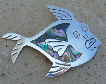 Melesio Rodriguez ~ Vintage Mexican Sterling Silver and Abalone Fish Brooch / Pin