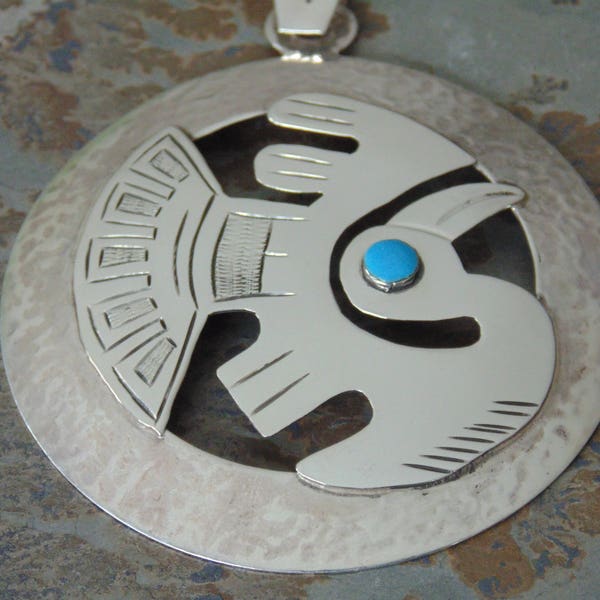 Large Peruvian Sterling Silver Round Pendant with Applied Pelican / Bird with Blue Eye