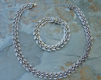 Hilario Lopez ~ Vintage Taxco Sterling Silver Paired Leaf Link Choker Necklace and Bracelet Set