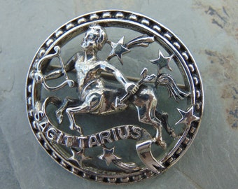 Beau Sterling ~ Vintage Sagittarius Centaur Holding Bow and Arrow Round Astrology Brooch / Pin