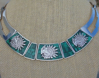 Enrique Ledesma ~ Vintage Mexican Sterling Silver and Green Malachite Stone Aztec Eagle Warrior Necklace