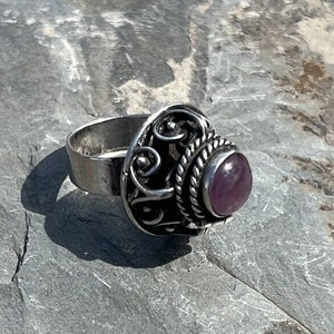 Vintage Mexico Sterling and Amethyst Adjustable Poison Ring with Secret Hinged Compartment c. 1950's image 1