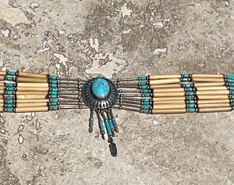 Vintage Native American Turquoise and Sterling Silver Beaded Choker Necklace