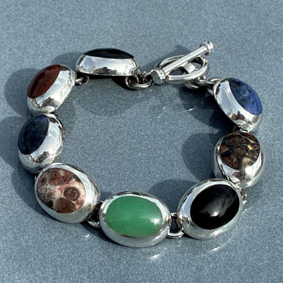 Multi Stone Sterling Toggle Bracelet Vintage Mexi… - image 1