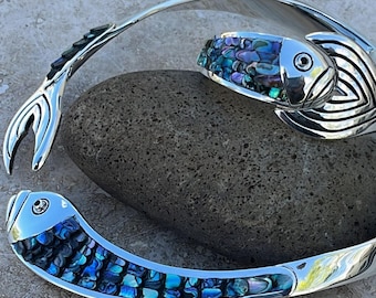 Vintage Taxco Sterling Silver Abalone Fish Necklace Bracelet Set