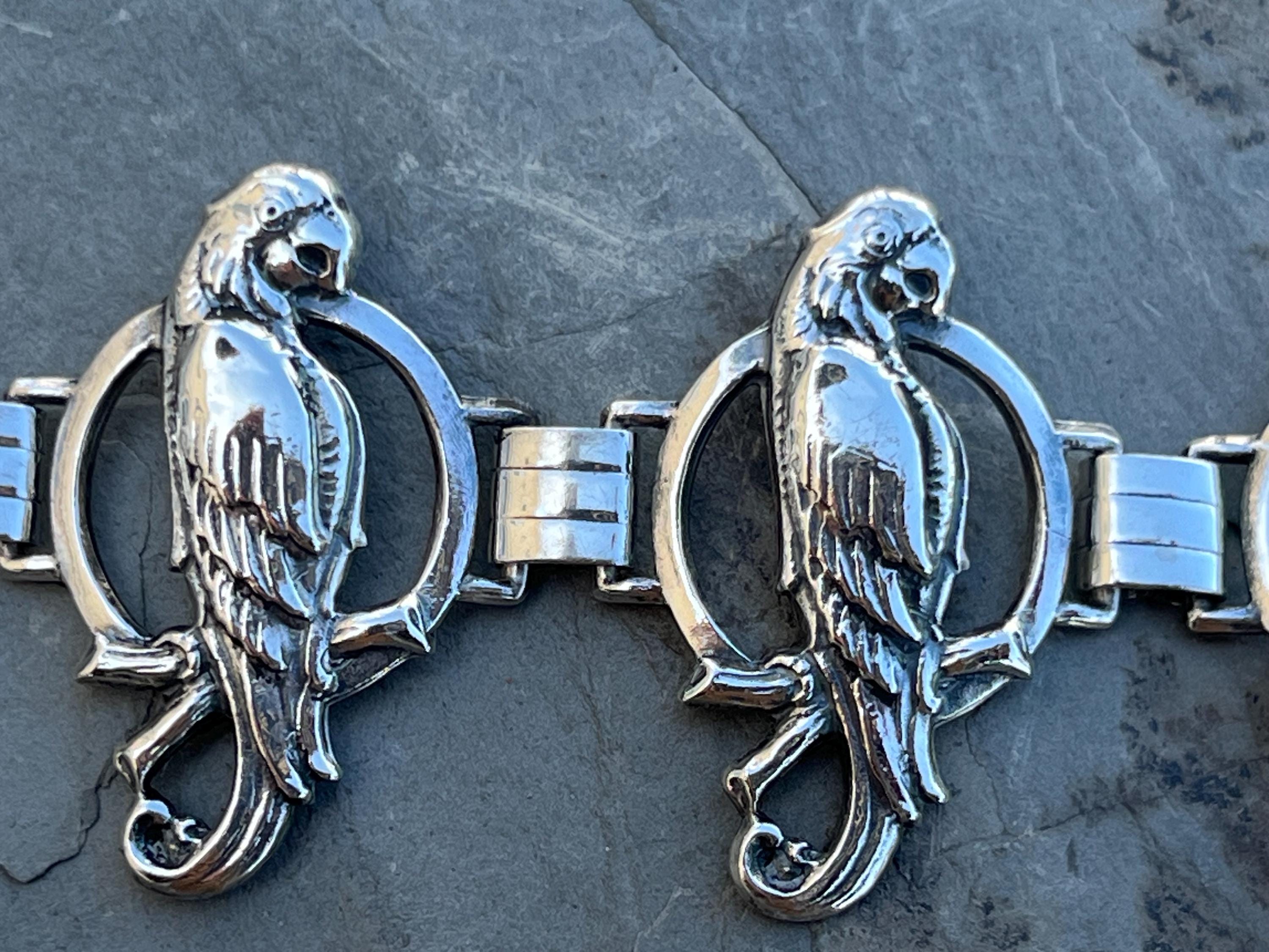 Vintage Midcentury Sterling Silver Detailed Parrot Link Bracelet - 7 1/8 Inches