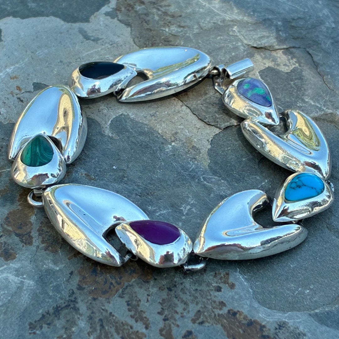アクセサリー vintage mexican teardrop bracelet 925 Vintage Mexico Sterling Silver and Tear Drop Stone Link