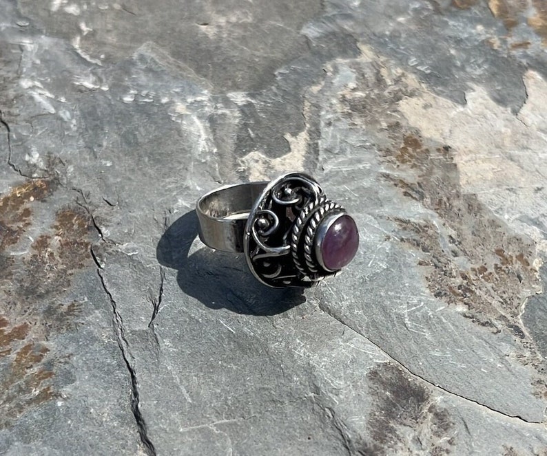Vintage Mexico Sterling and Amethyst Adjustable Poison Ring with Secret Hinged Compartment c. 1950's image 1