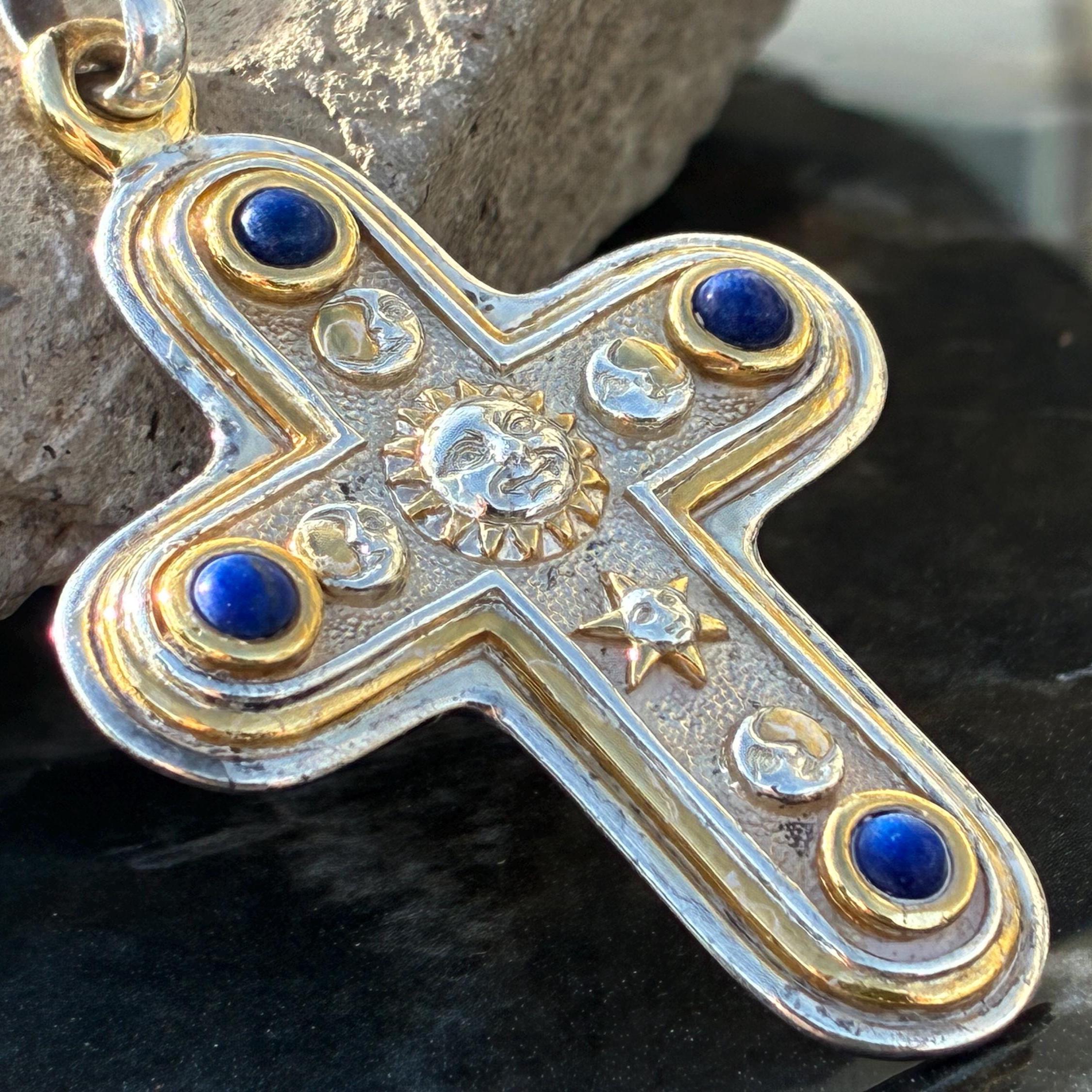 Sergio Bustamante Large Vintage Sterling and Lapis Cross With Sun