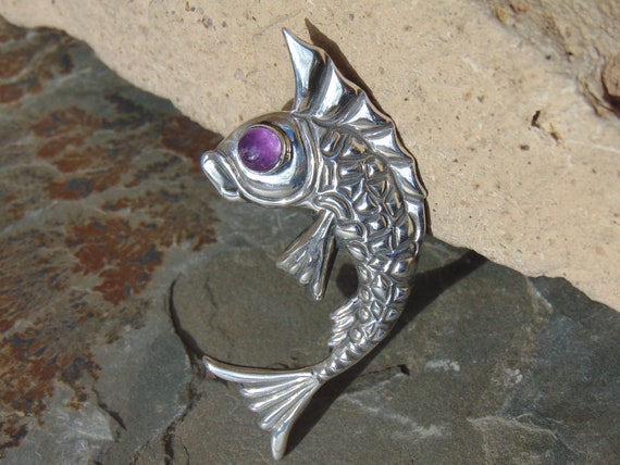 Vintage Mexican Silver Fish with Purple Amethyst … - image 6
