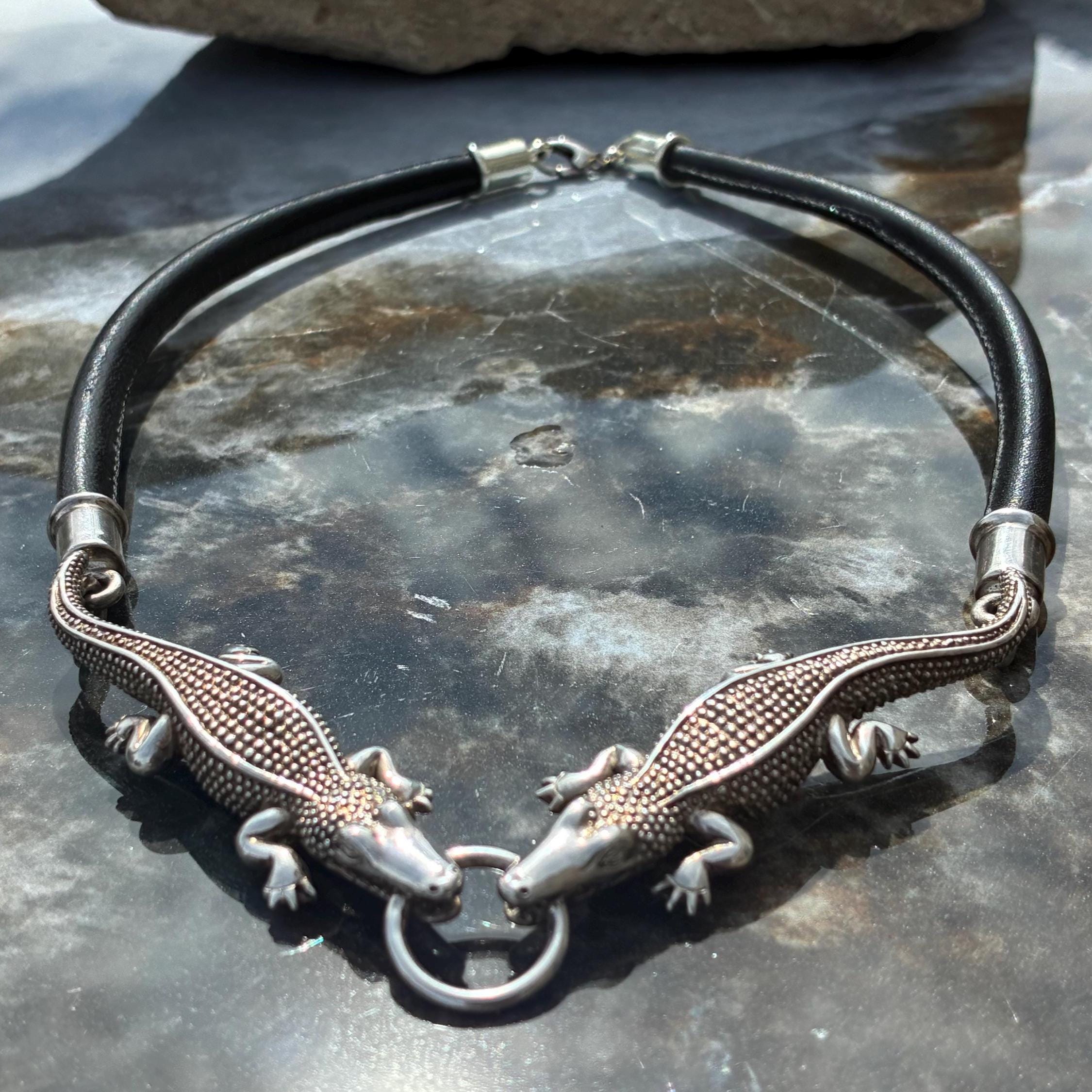 Sergio Bustamante Vintage Sterling and Leather Alligator Necklace