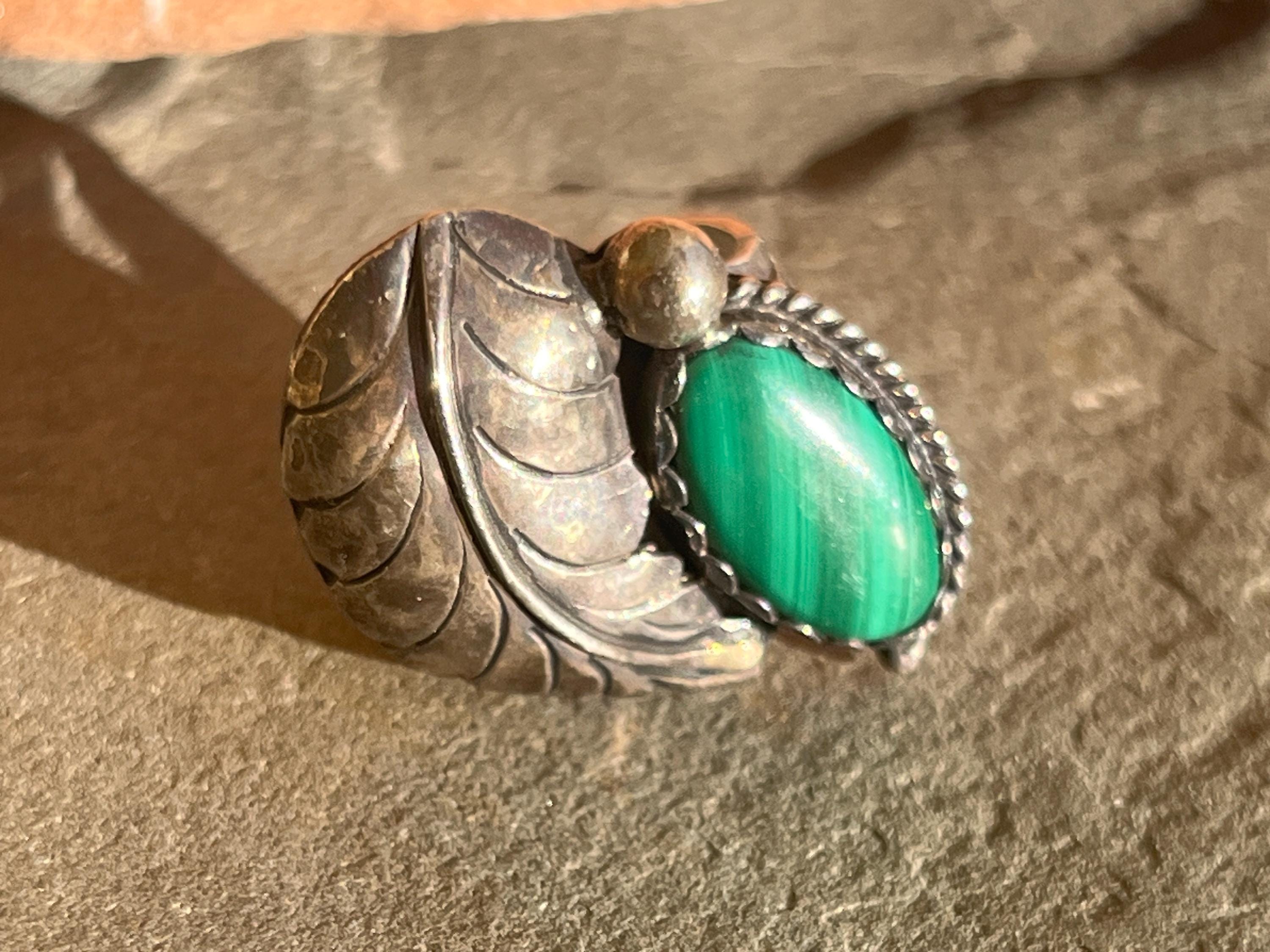 Vintage Navajo Signed Sterling Silver and Green Malachite Leaf