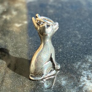 Puede incluir: Una figura de gato plateado en posici&oacute;n sentada. El gato tiene un cuerpo delgado, orejas puntiagudas y una cara detallada. La figura est&aacute; hecha de un metal brillante y se asienta sobre una superficie oscura y texturizada. La cola del gato est&aacute; enrollada.