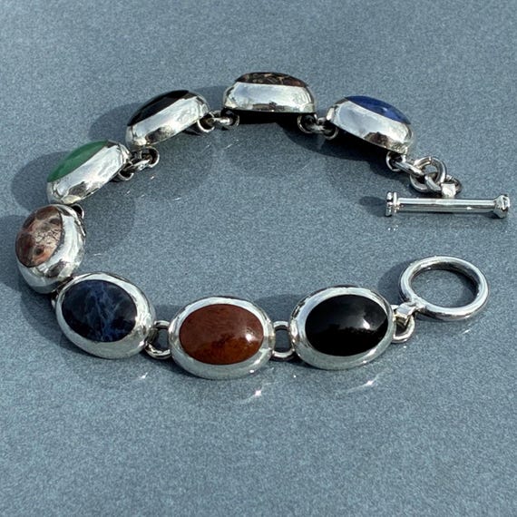 Multi Stone Sterling Toggle Bracelet Vintage Mexi… - image 8