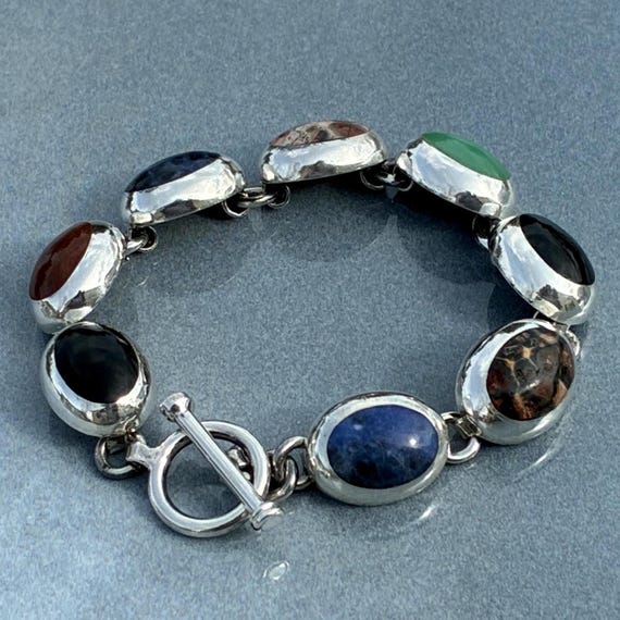 Multi Stone Sterling Toggle Bracelet Vintage Mexi… - image 2