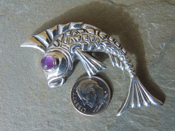 Vintage Mexican Silver Fish with Purple Amethyst … - image 5