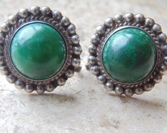 Mexico Silver ~ Green Screw Back Earrings