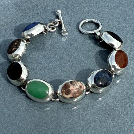Multi Stone Sterling Toggle Bracelet Vintage Mexi… - image 4