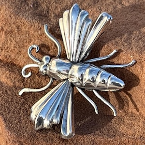 Könnte beinhalten: Eine silberfarbene Insektenbrosche mit detaillierten Flügeln und Beinen. Das Insekt ist stilisiert und hat eine glänzende Oberfläche.