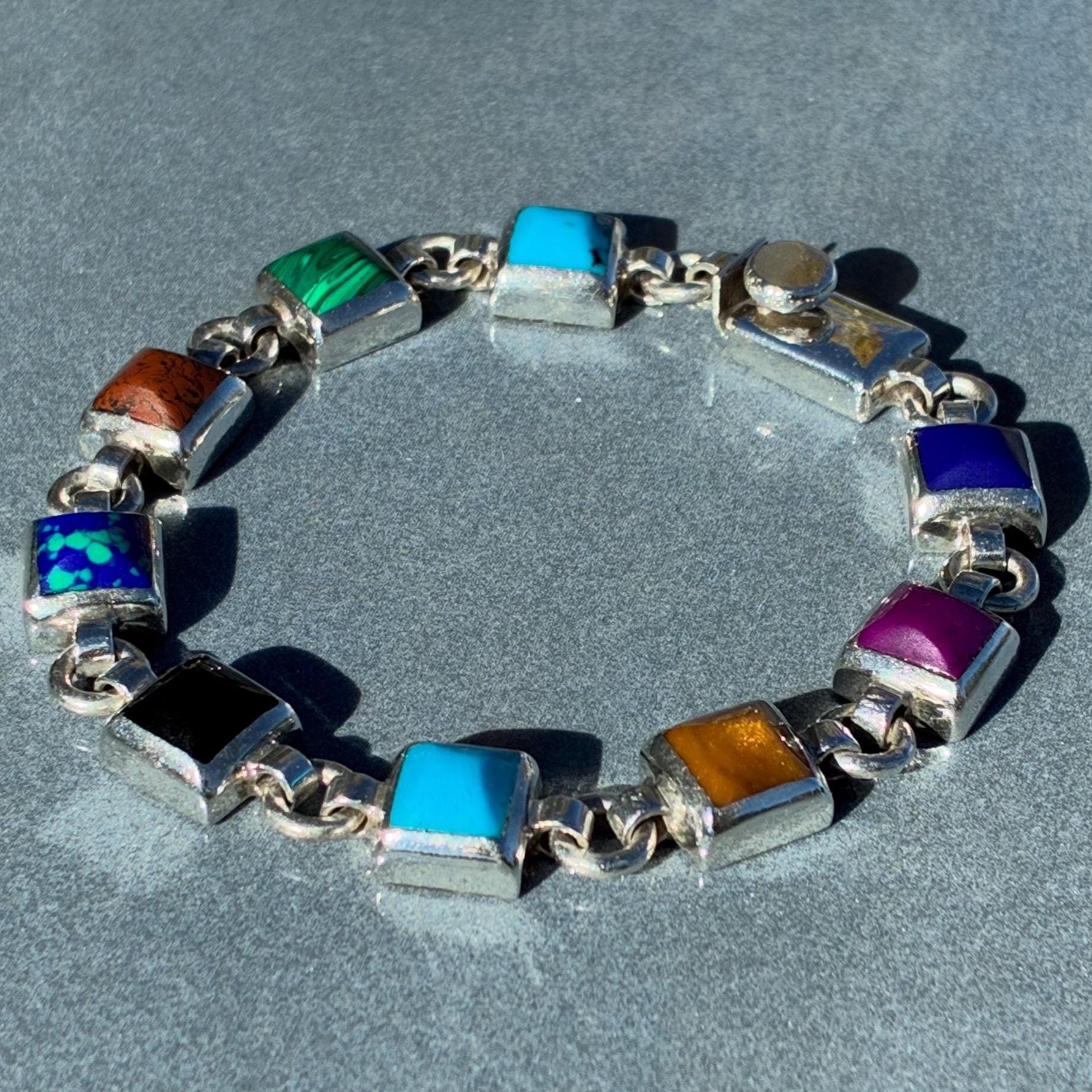 Vintage Mexico Sterling and Colorful Multi Stone Link Bracelet