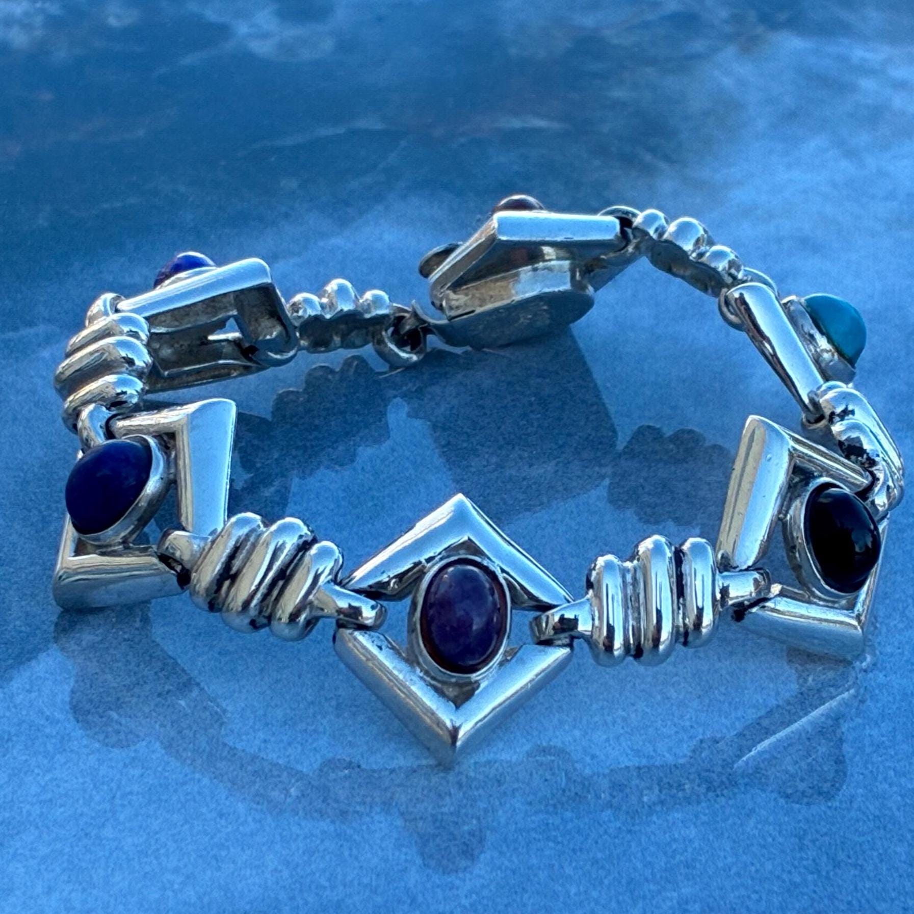 D'molina ~ Vintage Sterling and Multi Colored Stone Link Bracelet