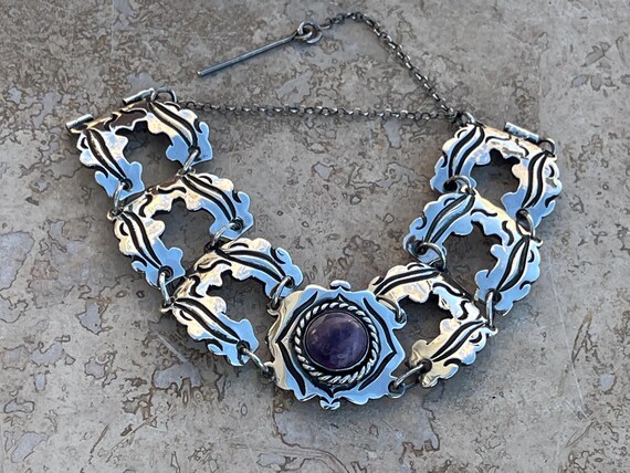 Vintage Rafael Melendez Taxco Silver Amethyst Link Bracelet, 1940s