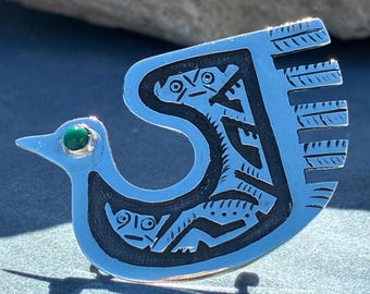Vintage Ecuador Sterling Tribal Bird with Green Eye Brooch