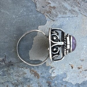 Vintage Mexico Sterling and Amethyst Adjustable Poison Ring with Secret Hinged Compartment c. 1950's image 3