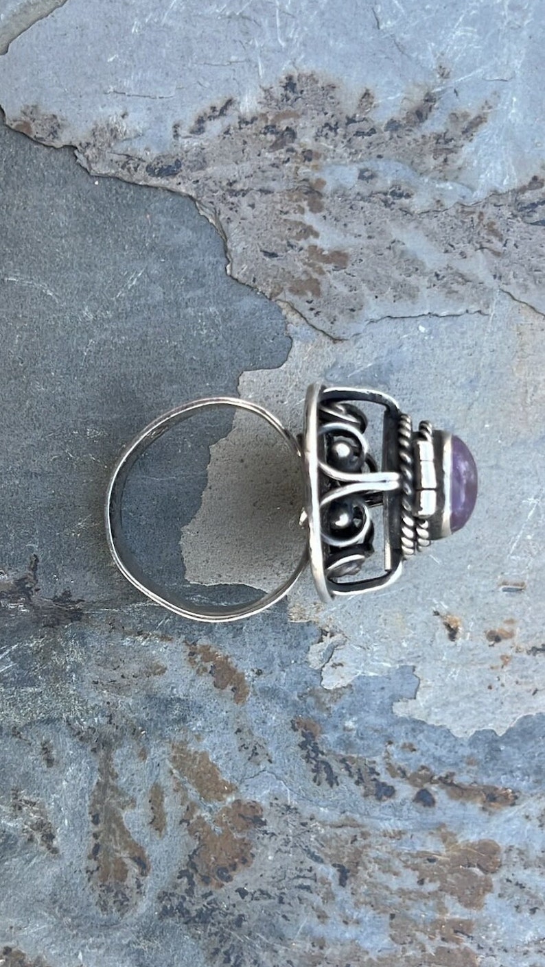 Vintage Mexico Sterling and Amethyst Adjustable Poison Ring with Secret Hinged Compartment c. 1950's image 3