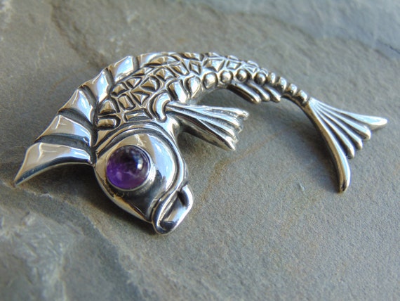 Vintage Mexican Silver Fish with Purple Amethyst … - image 2