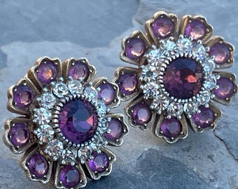 Boucles D'oreilles Clips Vintage En Celluloïd Violet – Fleurs Anciennes – Bijou Rétro 2622