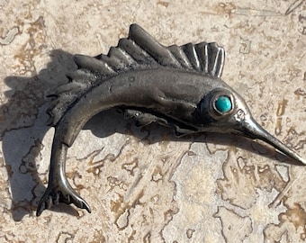 Vintage Sterling Silver Marlin / Sailfish Brooch / Pin with Turquoise Eye