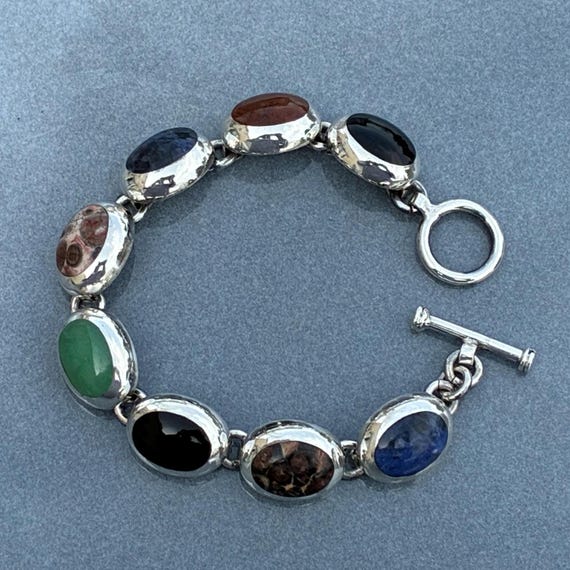 Multi Stone Sterling Toggle Bracelet Vintage Mexi… - image 6