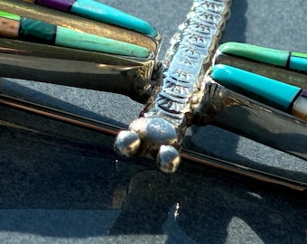 Vintage Navajo Sterling Silver Dragonfly Pin, Multi Stone Inlay by