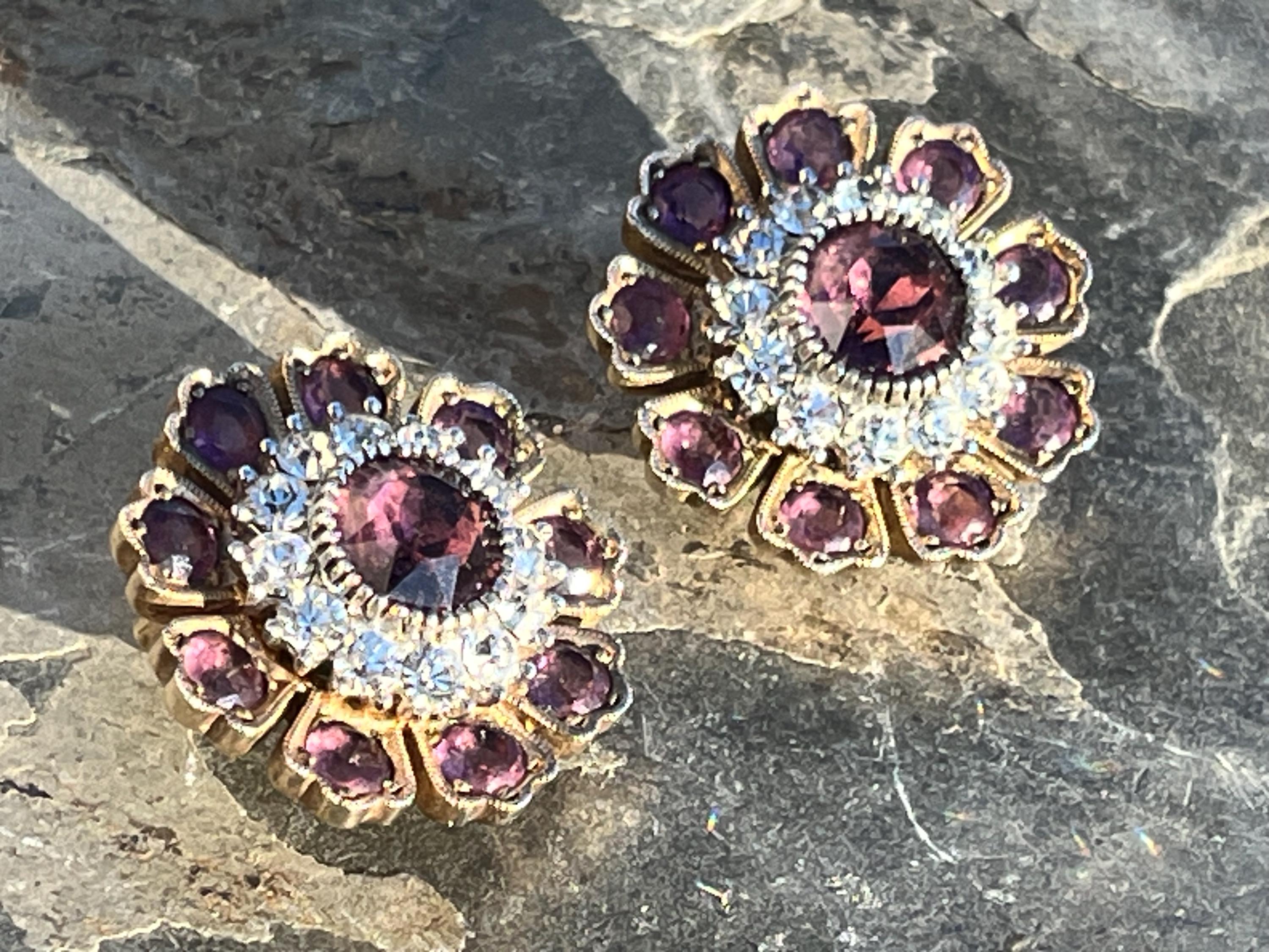 Boucles D'oreilles Clips Vintage En Celluloïd Violet - Fleurs Anciennes - Occasion En Bon état
