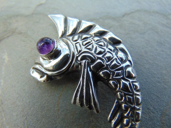 Vintage Mexican Silver Fish with Purple Amethyst … - image 3